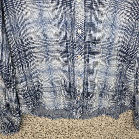 Cloth & Stone Top Womens Small Blue Plaid Button Up Fringe Casual Ladies - Picture 5 of 7